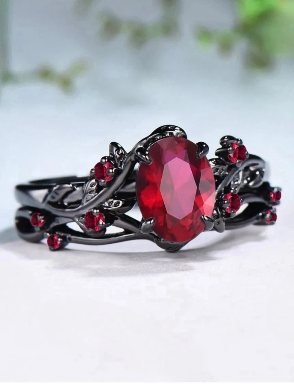 Black Silver Red Gothic Vine Ring with Oval Red Stone